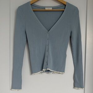 SANDRO Light Blue V-Neck Cardigan, Size 1 (Small)